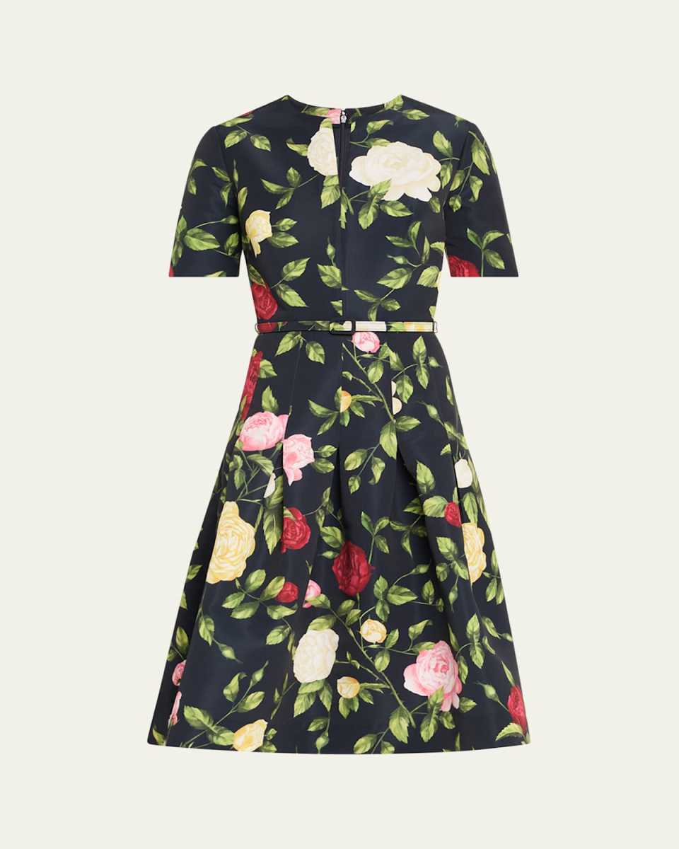 Short-Sleeve Belted English Rose Faille Dress
